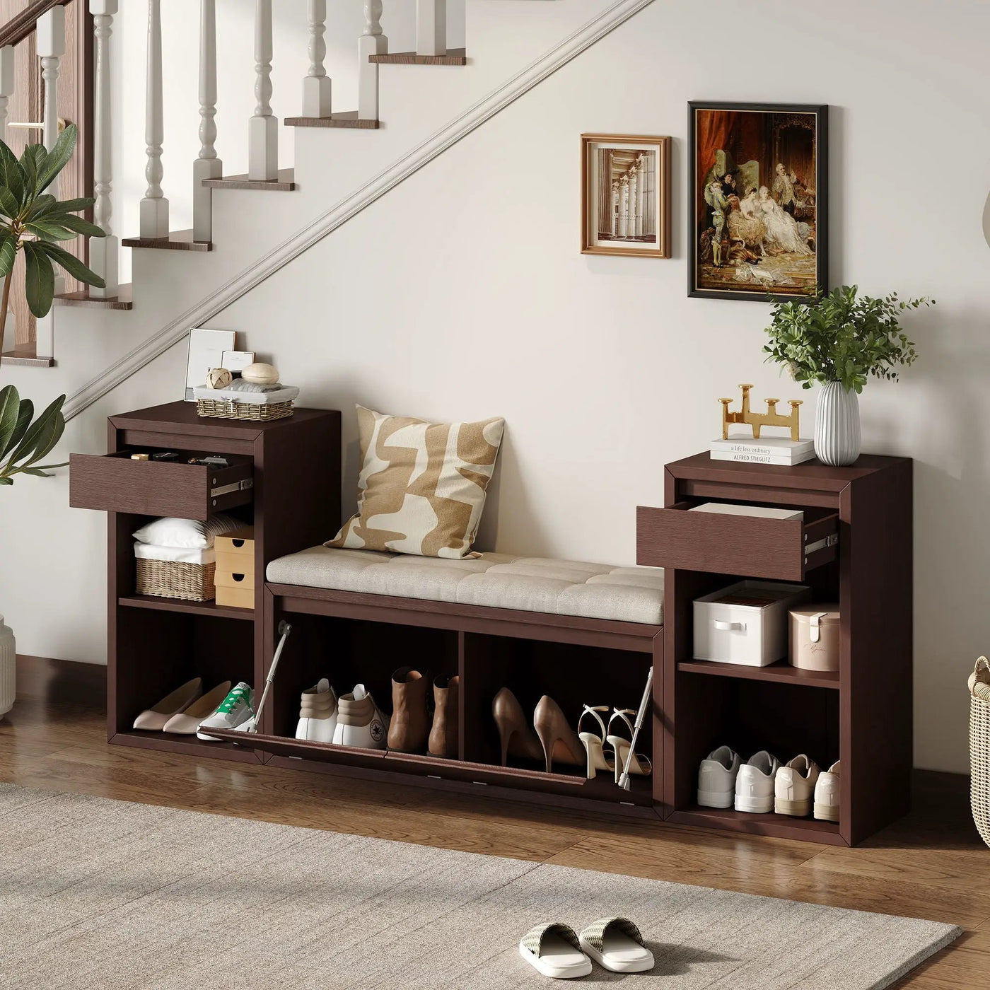 Entryway Storage Bench With Cushion, Drawers & Open Shelves by HouseOfZazla