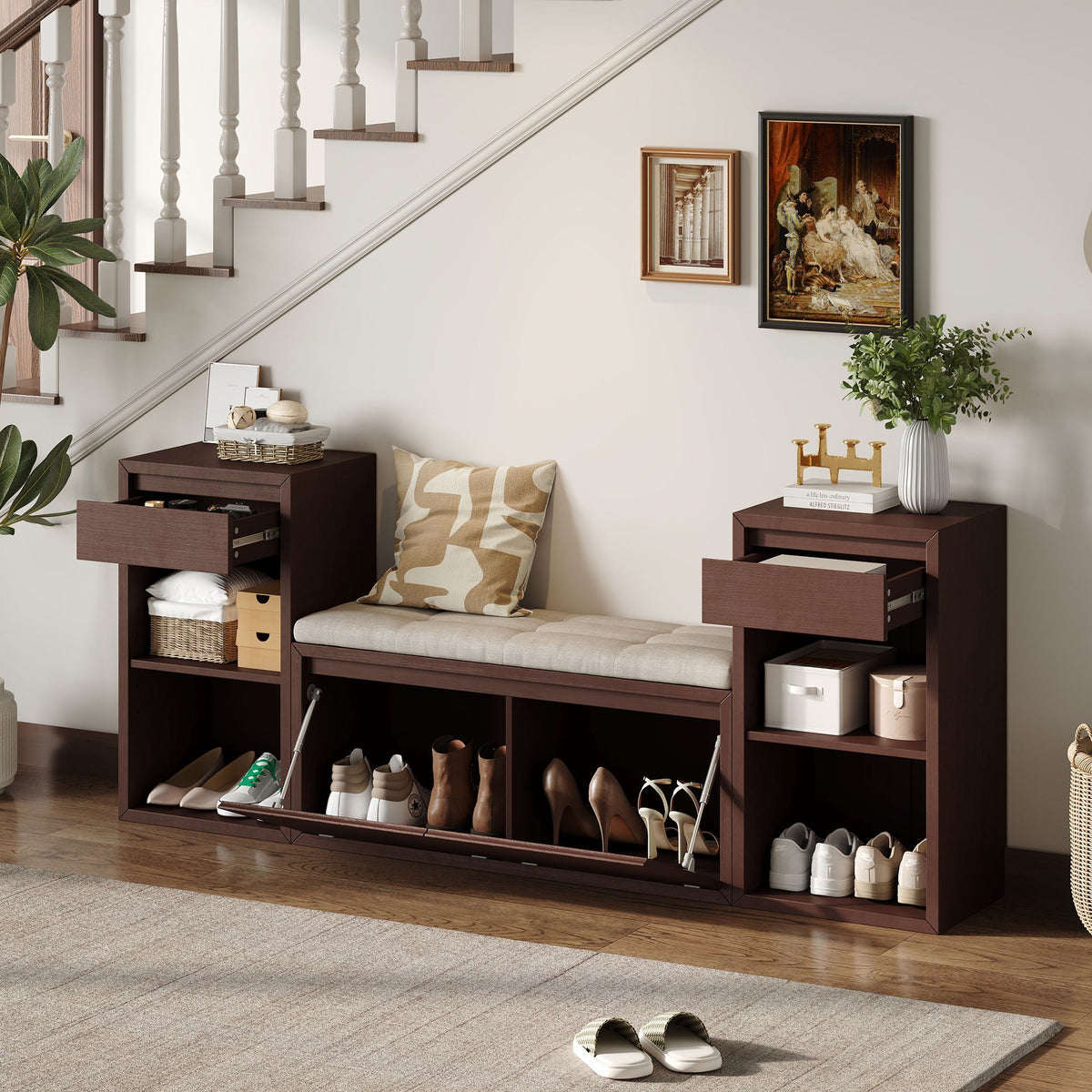 Entryway Storage Bench with Cushion, Drawers & Open Shelves - Choice of Color, photo 28 of 40