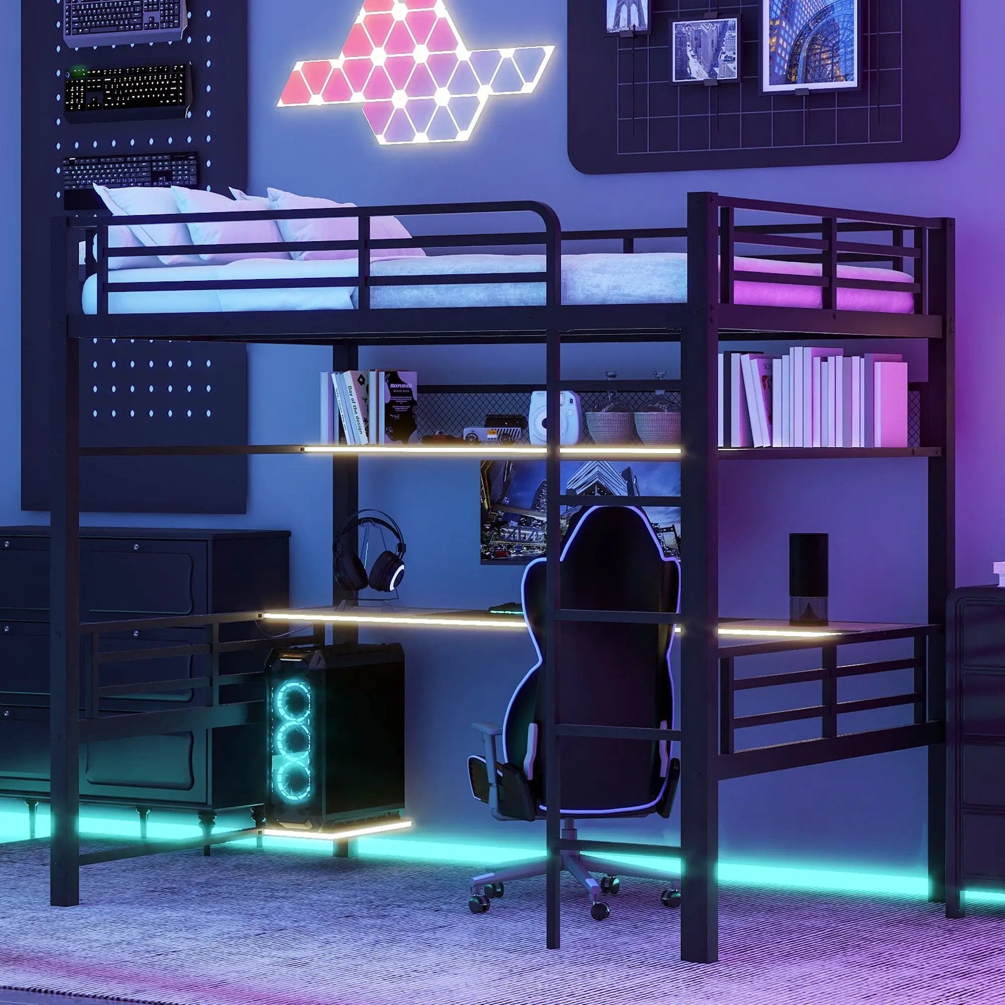 Full Size Loft Bed Frame With Storage Shelf And LED Light - Black by HouseOfZazla