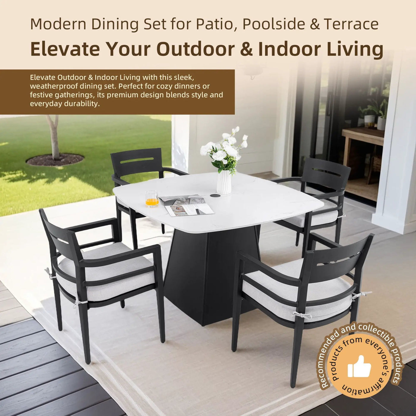Outdoor Patio Dining Set, Squircle Dining Table, Dining Chairs With Sunbrella Cushions by Unique Piece Furniture