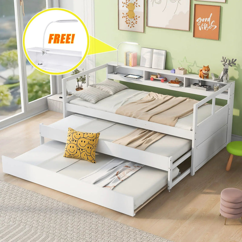 Daybed With 2 Trundles, 3 Storage Cubbies, Built In USB Charging Light by HouseOfZazla
