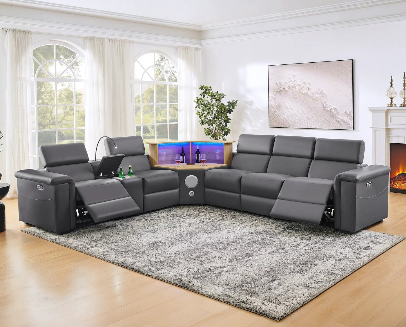 5-Seater Air Leather L-Shaped Powered Recliner Sofa Set with Motorized Lift Cabinet by HouseOfZazla
