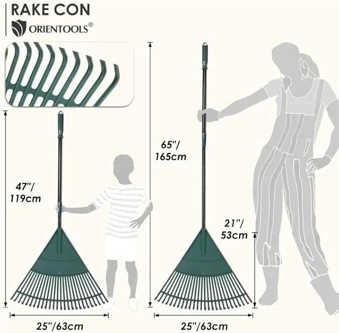 ORIENTOOLS Garden Leaf Rake, Garden Rakes for Lawns Leaves with 47-65" Adjustable Black Handle Rake, 26 Strong Tines Plastic Head Shrub Rake, Yard Garden Rake for Lawns, Flower Beds Leaves Cleaning