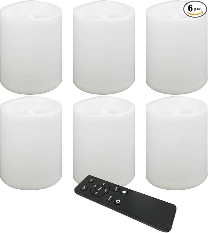 CANDLE CHOICE Waterproof Outdoor Battery Operated Flameless Candles Remote Timer White Plastic Realistic Flickering Fake Electric LED Pillars Lantern Garden Wedding Christmas Decorations 3”x4” 6 Pack by GreenHaven Gardens
