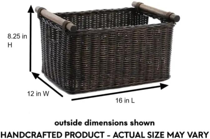 The Basket Lady Pole Handle Wicker Storage Basket, Medium, 16 in L x 12 in W x 8.25 in H, Antique Walnut Brown by GreenHaven Gardens