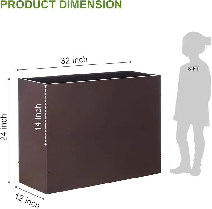 Metal Rectangular Planter Box Tall Planters for Outdoor Plants Modern Heavy Duty with Drainage Holes for Outside Indoor Patio Deck - Brown, 32”x 12”x 24” by GreenHaven Gardens