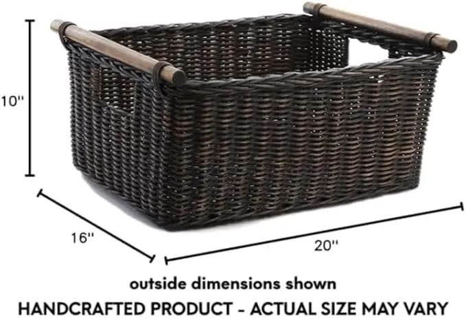 The Basket Lady Pole Handle Wicker Storage Basket, Extra Large, 20 in L x 16 in W x 10 in H, Antique Walnut Brown by GreenHaven Gardens