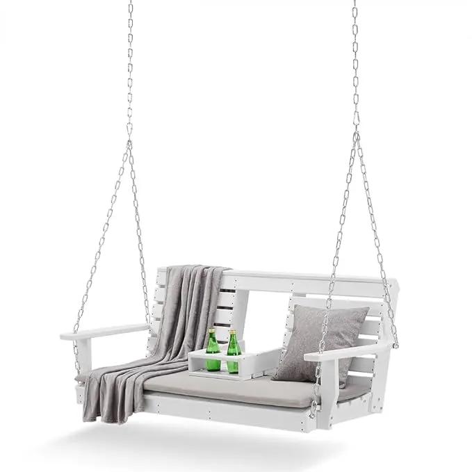 Heavy Duty Poly Lumber HDPE Porch Swing with Mounting Kit and Accessories Outdoor Hanging Chair with Cup Holders Swinging Bench for Patios, Backyard Poly Wooden Seating, Sturdy Steel Chains by GreenHaven Gardens