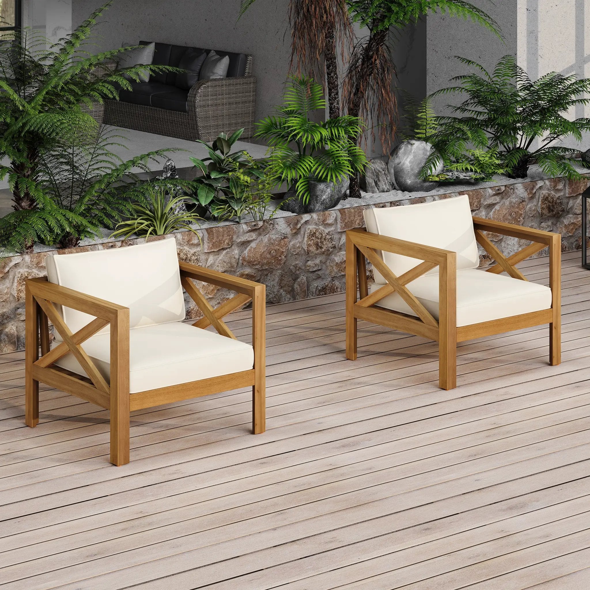 Outdoor Acacia Wood Club Armchair with Cushions (Set of 4) by HouseOfZazla