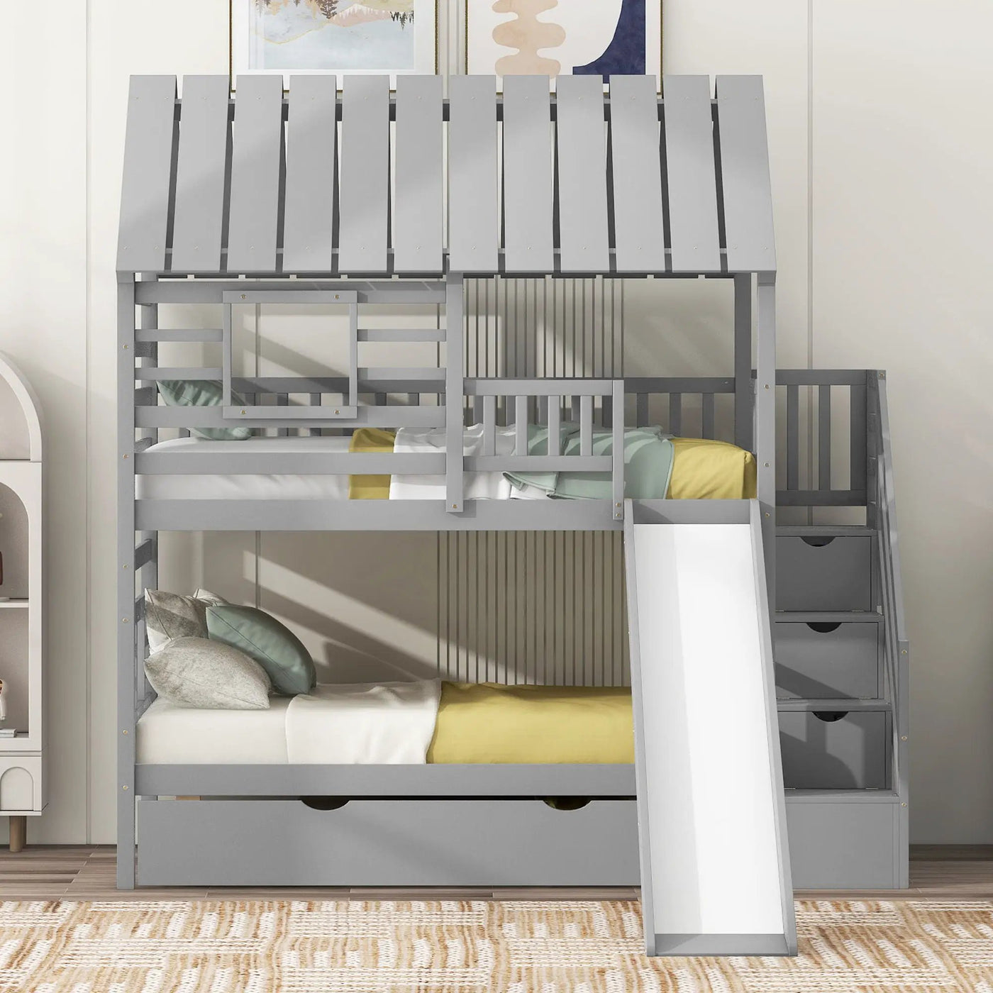 House Bunk Bed With Trundle, Storage Staircase, Roof And Window Design by HouseOfZazla