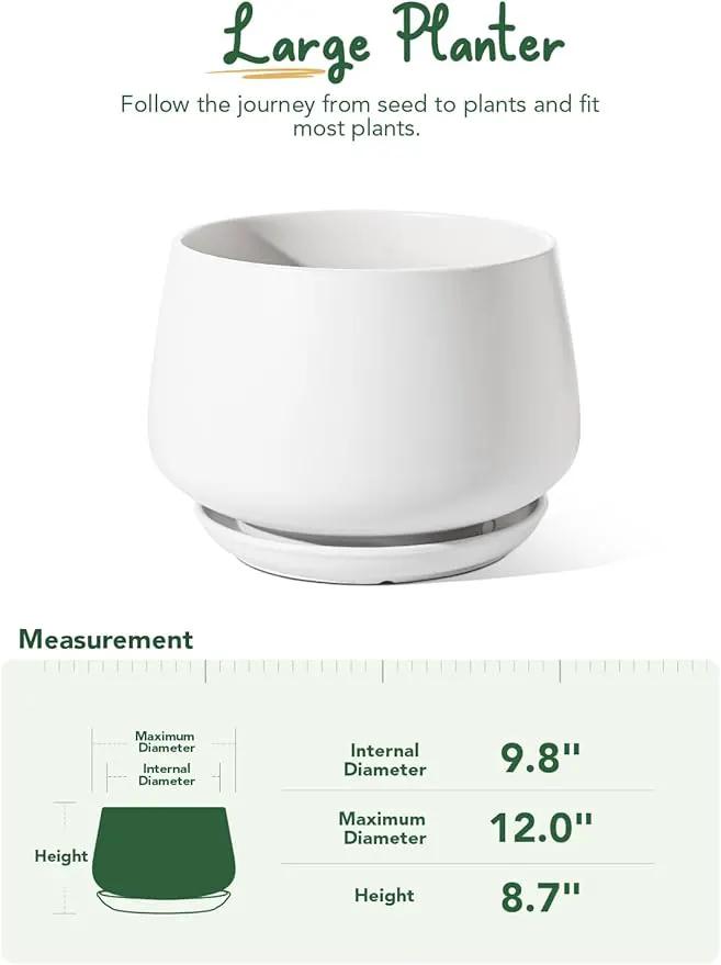 LE TAUCI Ceramic Planters, 12 Inch Pots for Plants, Indoor Plant Pots with Drainage Holes and Saucers, Modern Planters Fit Mid Century Plant Stand, Flower Pots for Indoor Plants, White by GreenHaven Gardens
