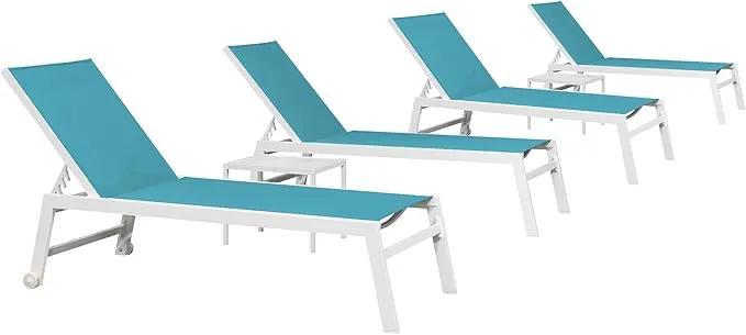 PURPLE LEAF Oversize Outdoor Chaise Lounge Set of 4 Outdoor White Aluminum Lounge Chairs with Side Table and Wheels Patio Lounge Chair for Yard Pool Deck, Turquoise by GreenHaven Gardens