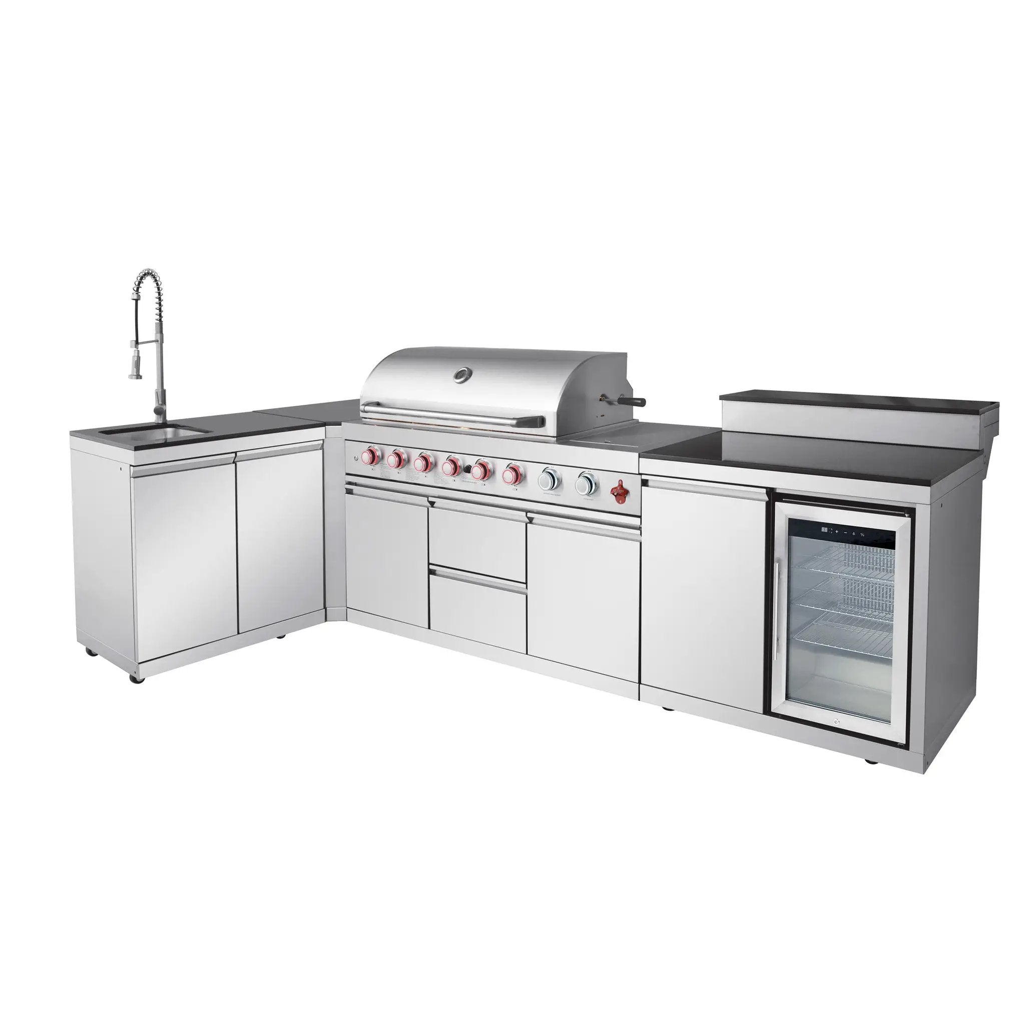 95.8" 6+1 Burner 95,500 BTU Outdoor Kitchen Island Grill Silver + Sink + Refrigerator + Bar Table by Chery Industrial