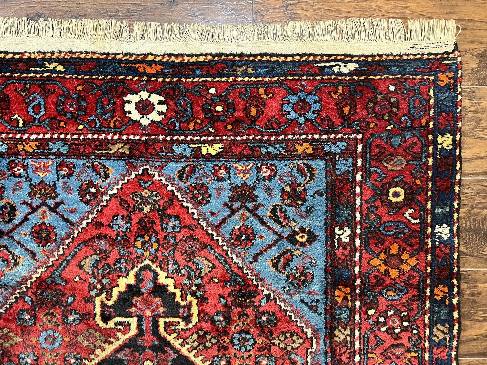 Antique Persian Tribal Rug 4x7, Wool Handmade 1920s Carpet, Red Blue, Persian Hamadan Rug by Jewel Rugs