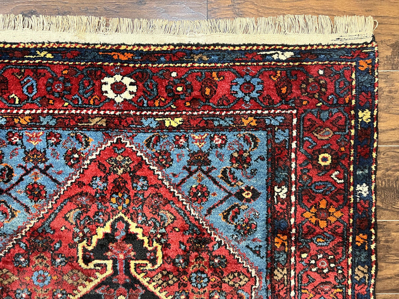 Antique Persian Tribal Rug 4x7, Wool Handmade 1920s Carpet, Red Blue, Persian Hamadan Rug by Jewel Rugs