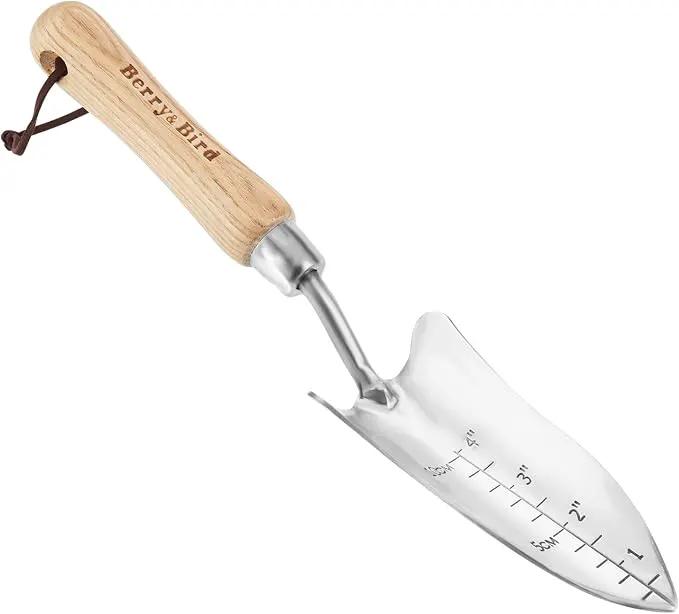 Berry&Bird Transplant Trowel with Measurements, Garden Stainless Steel Potting Hand Trowel with Wooden Handle, Small Garden Hand Shovel Transplanter Tool for Planting Digging Transplanting Gardening by GreenHaven Gardens