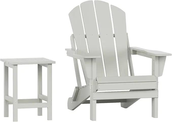 WO Home Furniture Adirondack Chair Table Set of 2 PCS Outdoor Folding Chair w Side Table Weather/UV Resistant for Lawn, Garden, Bon Fire, Balcony (Sand) by GreenHaven Gardens