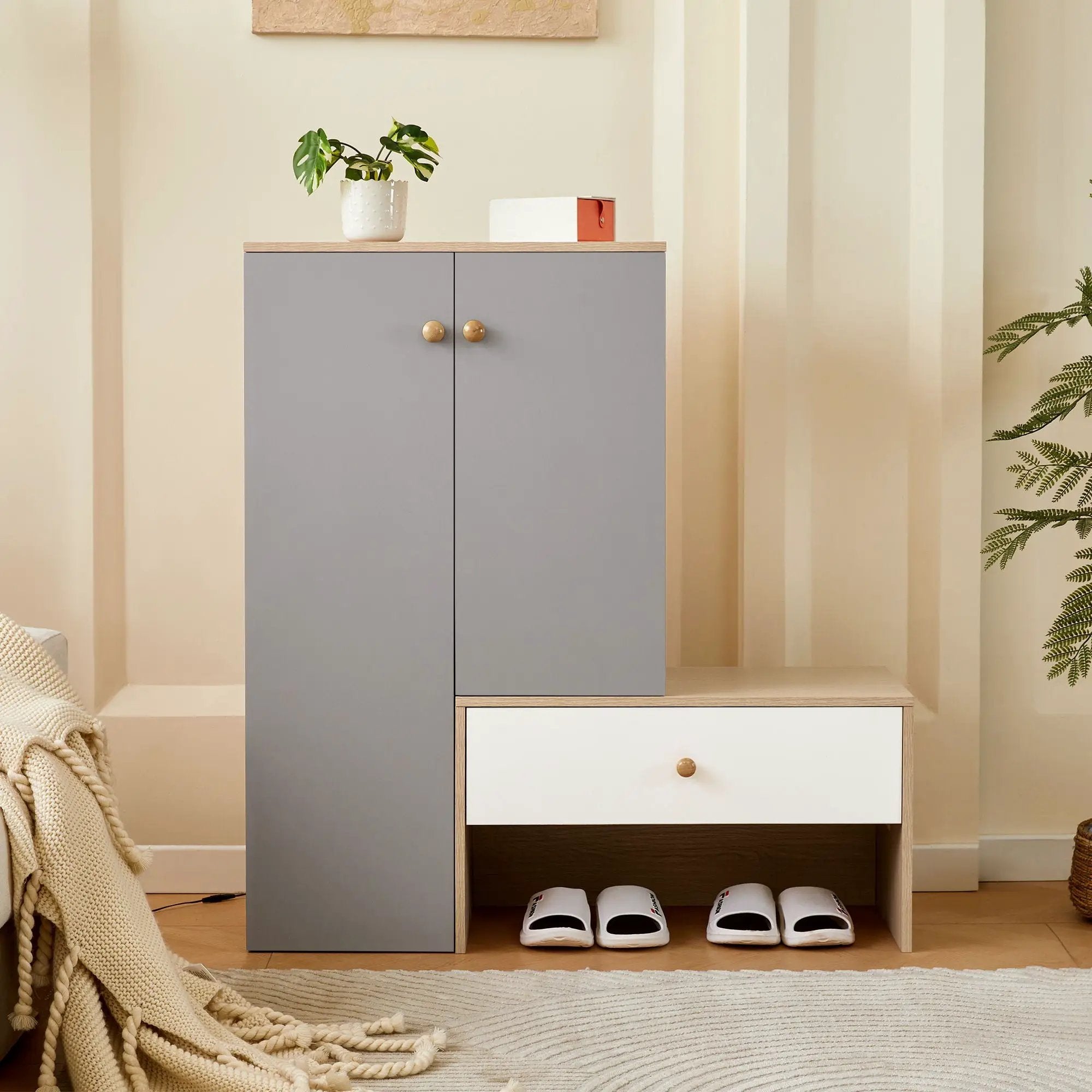Modern Multi Functional Shoe Storage Bench & Cabinets With Adjustable Shelves - Gray / Natural Wood / White by HouseOfZazla