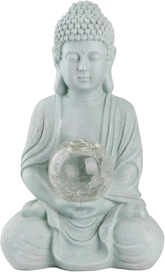 Buddha Garden Statue with Solar Light, Solar Meditating Garden Buddha with Cracked Glass Ball Sculpture-Indoor/Outdoor Decor for Balcony,Garden,Patio,Porch Yard Art Ornament,Gift by GreenHaven Gardens