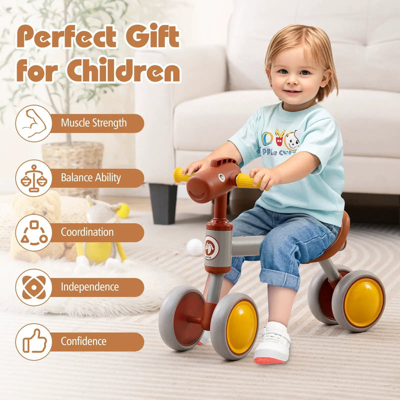 Baby Balance Bike No Pedal 4-Wheel Bicycle-Brown by DirectDeals