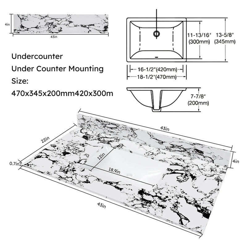 43"x22" Bathroom Vanity Top with Undermount Ceramic Sink and Backsplash by HouseOfZazla