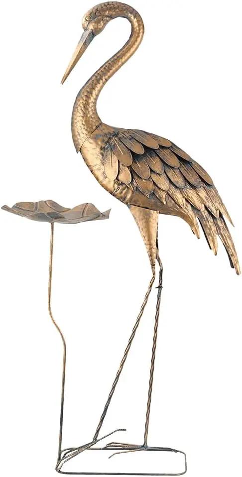 42'' Heron Garden Statue for Outside, Crane Outdoor Statue & Sculpture with Lotus Leaf, Metal Heron Yard Art Decor for Garden, Yard, Lawn, Pond (Gold & Blue) by GreenHaven Gardens
