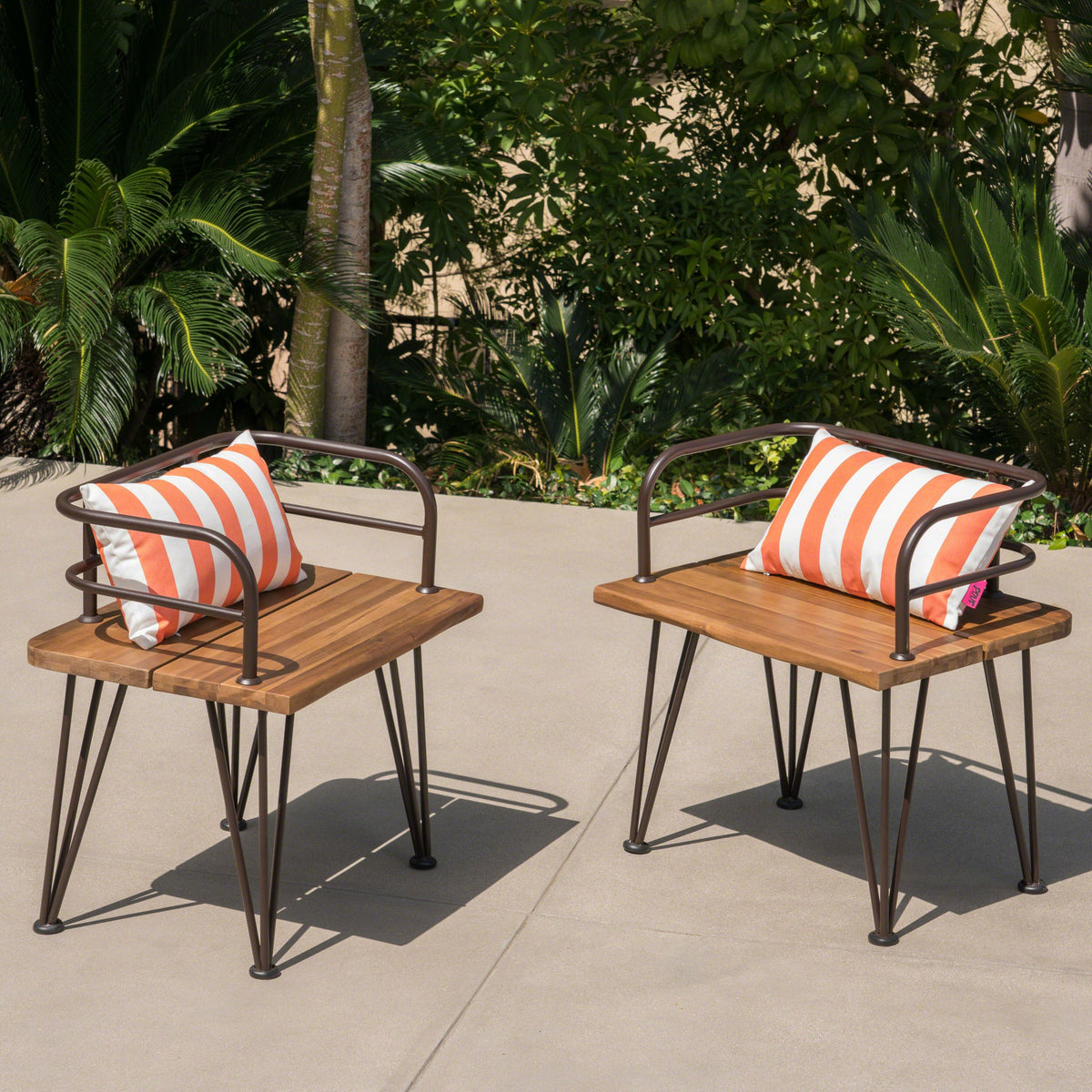 Industrial Wood and Metal Patio Chair Set of 2 with Acacia Wood Seat - Teak Finish, photo 4 of 10