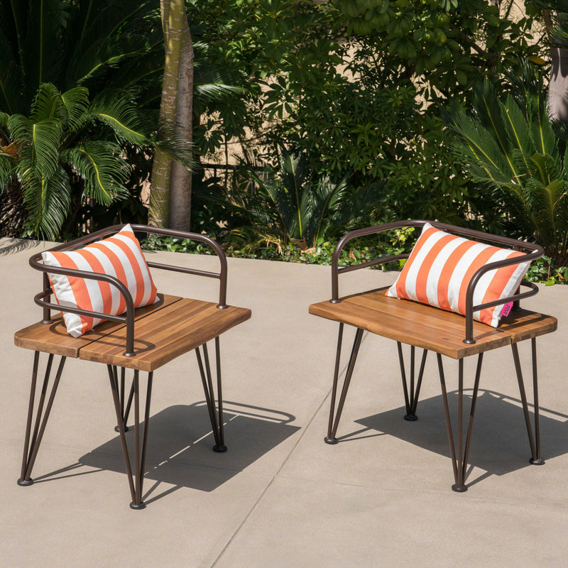 Industrial Wood and Metal Patio Chair Set of 2 with Acacia Wood Seat - Teak Finish, photo 4 of 10