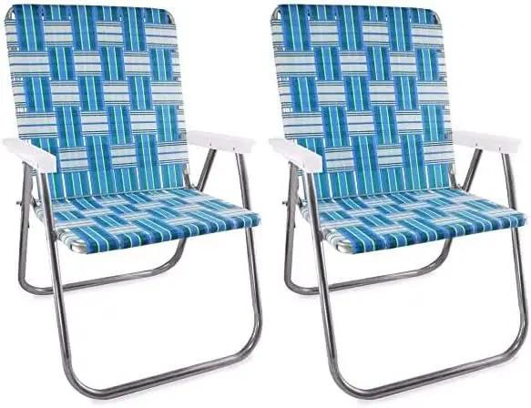 Lawn Chair USA - Outdoor Chairs for Camping. Made with Lightweight Aluminum Frames and UV-Resistant Webbing. Folds for Easy Storage 2- Pack (Sea Island with White Arms, Magnum)