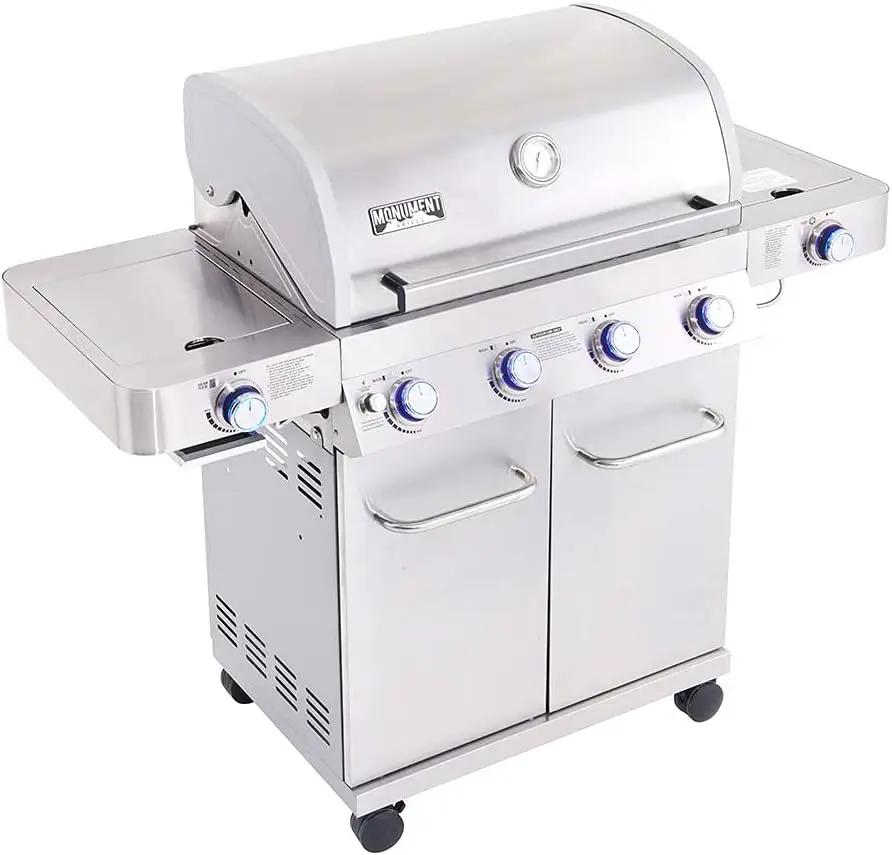 Monument Grills Larger 4+2 Burner Propane Gas Grills Stainless Steel Cabinet Style with Side & Side Sear Burners, Built-In Thermometer, and Knob Controls by GreenHaven Gardens