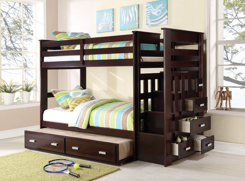 Espresso Twin/Twin Bunk Bed with Trundle Storage and Five-Drawer Ladder