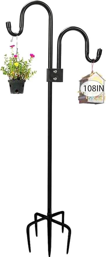 Double Shepherds Hooks For Outdoor 108 Inch, Heavy Duty Metal Bird Feeder Pole Stand With 5 Base Prongs, 28.5 To 108 Inch Adjustable Garden Holder For Hanging Plant, Wind Chimes, Wedding Garden Etc by GreenHaven Gardens