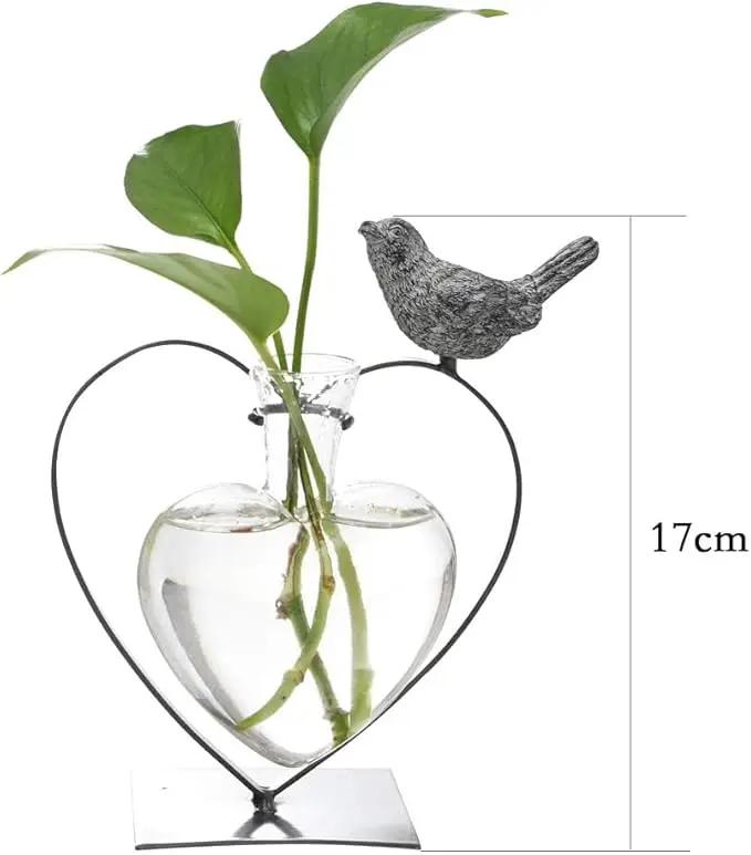 Marbrasse Desktop Glass Vase, Bulb Glass Vases for Holder, Creative Bird with Heart Planter Vase, Plant Terrarium Metal Stand for Modern Office Home Wedding Decorations by GreenHaven Gardens