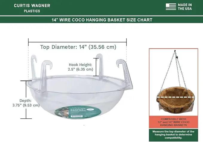 Curtis Wagner Plastics Wire Coco Hanging Basket Drip Pans (5-Pack) | Clear, Round (12” - 14" Top, 3.75" Depth) Hanging Plant Tray Saucer with Built-in Hooks & Water Catcher for Indoor & Outdoor by GreenHaven Gardens