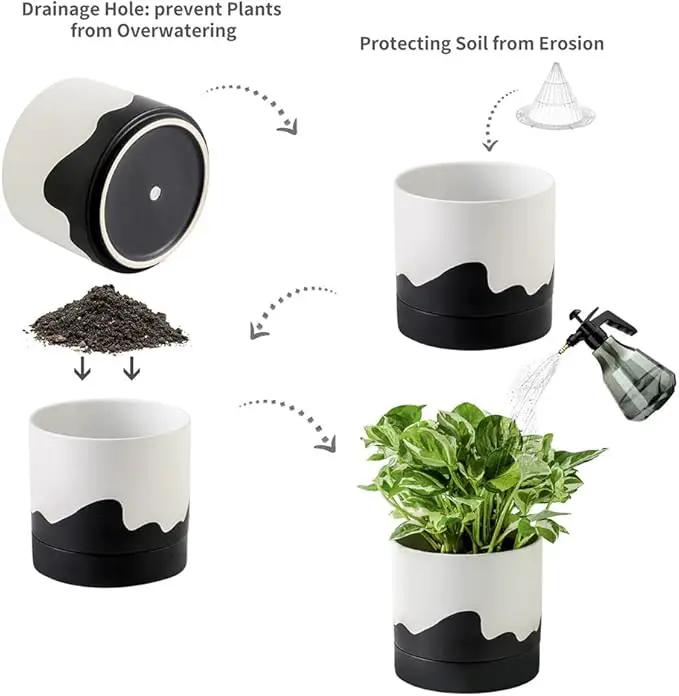 Nihow Ceramic Plant Pot: 6 Inch Planter with Drainage Hole & Saucer for Indoor & Outdoor Plants - Cylinder Round Flower Pot for Succulent/Herbs/Violets - White & Wave Black by GreenHaven Gardens