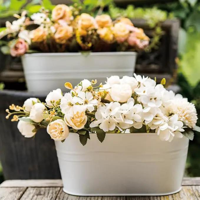 5 Pack Metal Hanging Flower Pots for Railing Fence，Outdoor Balcony Rail Planter with Garden Tools Detachable Hooks Drainage Holes for Deck Garden Home Decor White by GreenHaven Gardens
