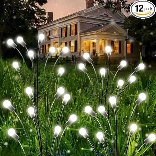 OZS Solar Garden Lights 12pack 96LED Solar Garden Lights - Solar Firefly Lights Outdoor, Solar Swaying Light, Sway by Wind, Solar Fairy Lights Waterproof for Pathway Decoration (Cool White) by GreenHaven Gardens