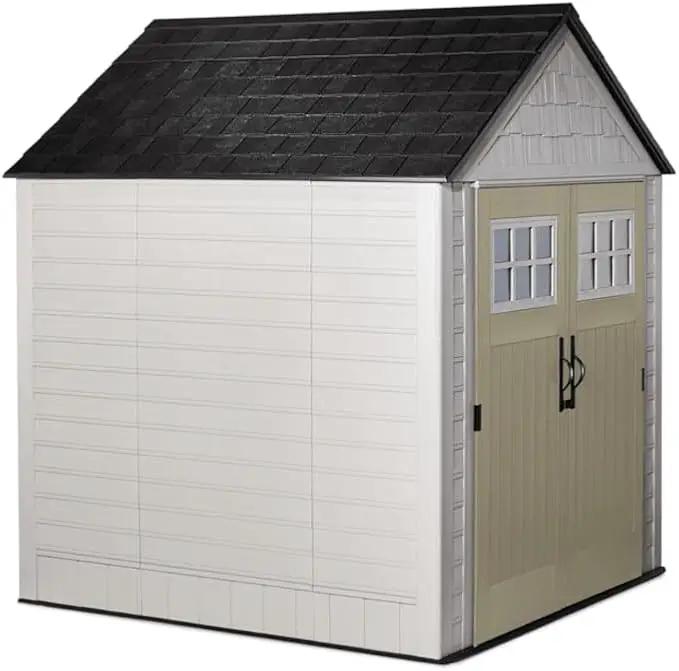 Rubbermaid 7 Foot by 7 Foot Weatherproof Outdoor Storage Shed for Garden Tools and Lawn Machinery Organization with Lockable Double Door Sandstone by GreenHaven Gardens