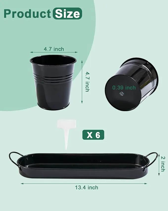 vensovo Indoor Herb Planter Set - Galvanized Windowsill Garden Pots with Tray & Drainage, Set of 3 Metal Window Planters for Kitchen & Outdoor Use, Black by GreenHaven Gardens