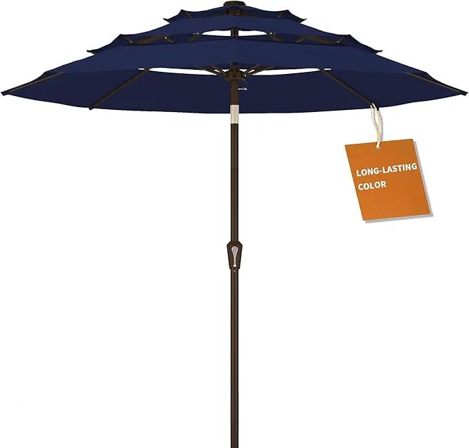 Kingdura 9ft 3-Tier Patio Umbrella, Outdoor Table Umbrella with Easy Crank & Tilt, 8 Reinforced Ribs, UV Protection for Deck, Pool, Market, Backyard (Navy blue) by GreenHaven Gardens