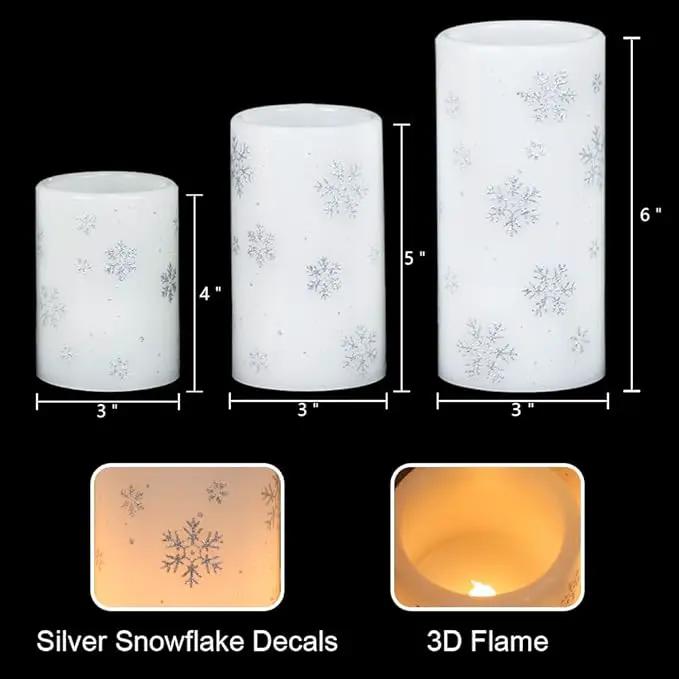 KunSween Christmas Flameless Candles with Timer, 3 Pack LED Pillar Candles with Silver Snowflake Decals and Real Wax, Christmas Winter Decorations for Home Indoor Table Centerpieces by GreenHaven Gardens