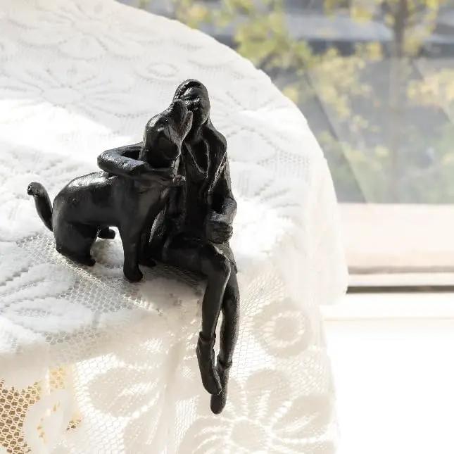 Cast Iron Sitting Woman and Dog Statue, Love Figurine, Gifts for Dog Lovers, Memorial Gifts for Women and Girls, Black by GreenHaven Gardens