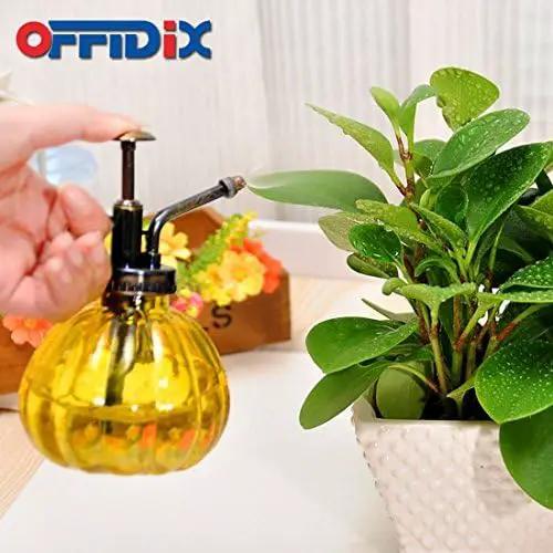 OFFIDIX Yellow Glass Watering Can Indoor, 6.3" Tall Vintage Style with Bronze Plastic Top Pump One Hand Spray Bottle by GreenHaven Gardens