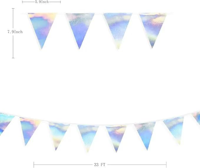 33Ft Iridescent Party Decoration Holographic Fabric Triangle Pennant Banner Flag Cotton Bunting Garland for Birthday Wedding Bridal Shower Bachelorette Engagement Disco Euphoria Galaxy Party Supplies by GreenHaven Gardens