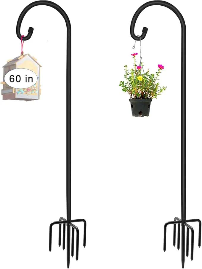 60 inch Outdoor Shepherd Hook with 5 Prong Base (2 Packs), Adjustable Heavy Duty Garden Hanging Stake for Bird Feeder Solar Light Plant Hanger Wedding Decor, Matte Black by GreenHaven Gardens