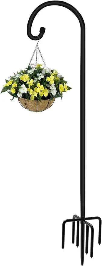 92 inch Outdoor Shepherd Hook with Upgraded 7 Prong Base (1 Pack), Adjustable Heavy Duty Garden Hanging Stake for Bird Feeder Solar Light Plant Hanger Wedding Decor, Matte Black by GreenHaven Gardens