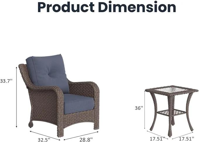 3 Pieces Outdoor Patio Furniture Sets with Single Chairs with 6-inch Thick Cushion and Side Table for Deck Lawn by GreenHaven Gardens