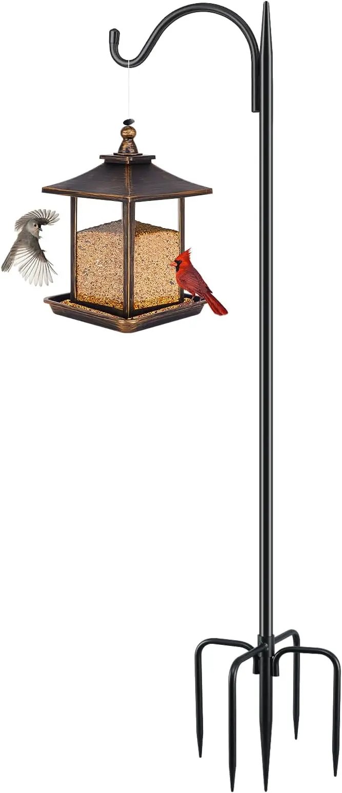 FEED GARDEN Adjustable Outdoor Shepherd Hook Bird Feeder Pole with 5 Prongs Base, 60 Inch Tall 5/8 Inch Thick, Heavy Duty Shepard Hook Stand for Hanging Bird Feeders, Plant Baskets, Black (1 Pack) by GreenHaven Gardens