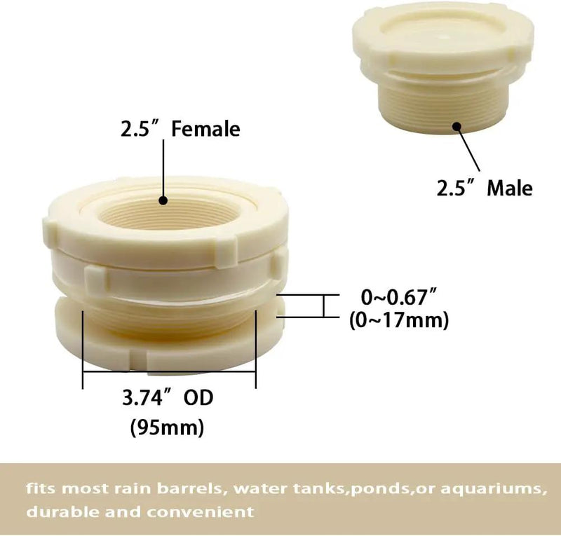 2.5" Female ABS Bulkhead Fitting, Plastic Water Tank Connector Adapter Fitting with Plugs for Outdoor rain Barrel Garden Hose Adapter Spigot kit Water Tank Gallon Drain Bucket(Set of 1) by GreenHaven Gardens
