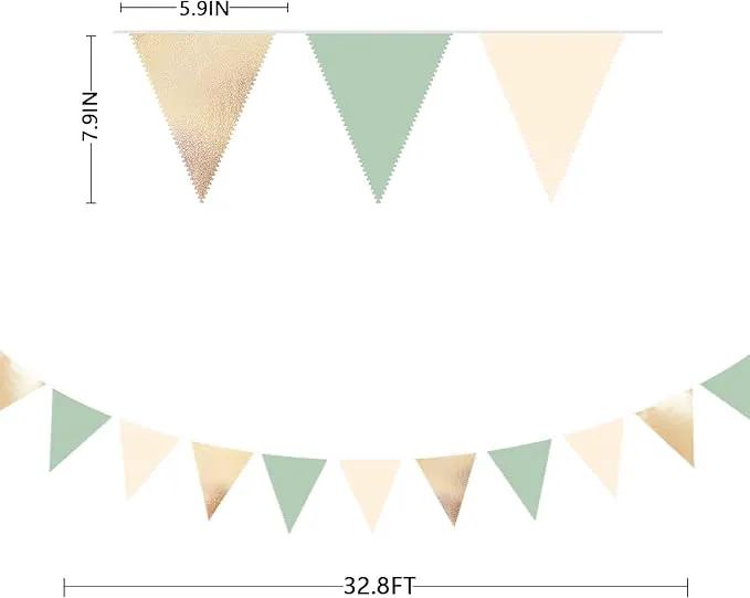 Sage Green Beige Champagne Gold Party Decorations Metallic Fabric Triangle Pennant Banner Bunting Flag Garland for Baby Shower Birthday Wedding Engagement Bridal Shower Graduation Decoration Supplies by GreenHaven Gardens